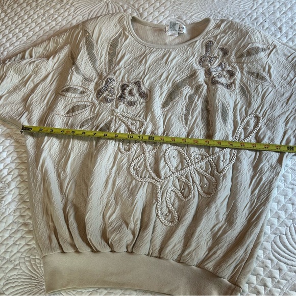 Vintage Adolfo Collectibles Pearl Embroidered‎ Crinkle Knit Top L - Picture 8 of 12